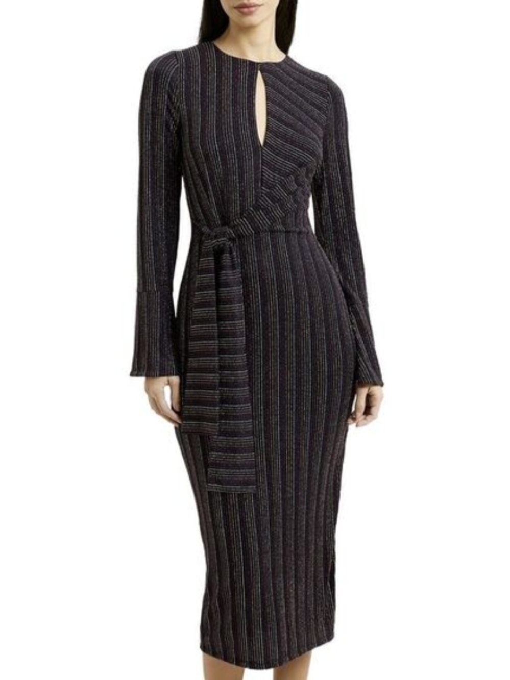 French Connection Paula Metallic Stripe Long Sleeve Midi Dress